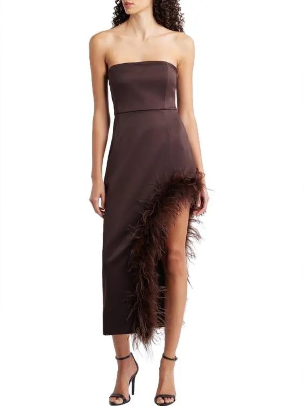 Delfi Collective Jocelyn Strapless Satin Feather Trim Midi Dress Chocolate Brown